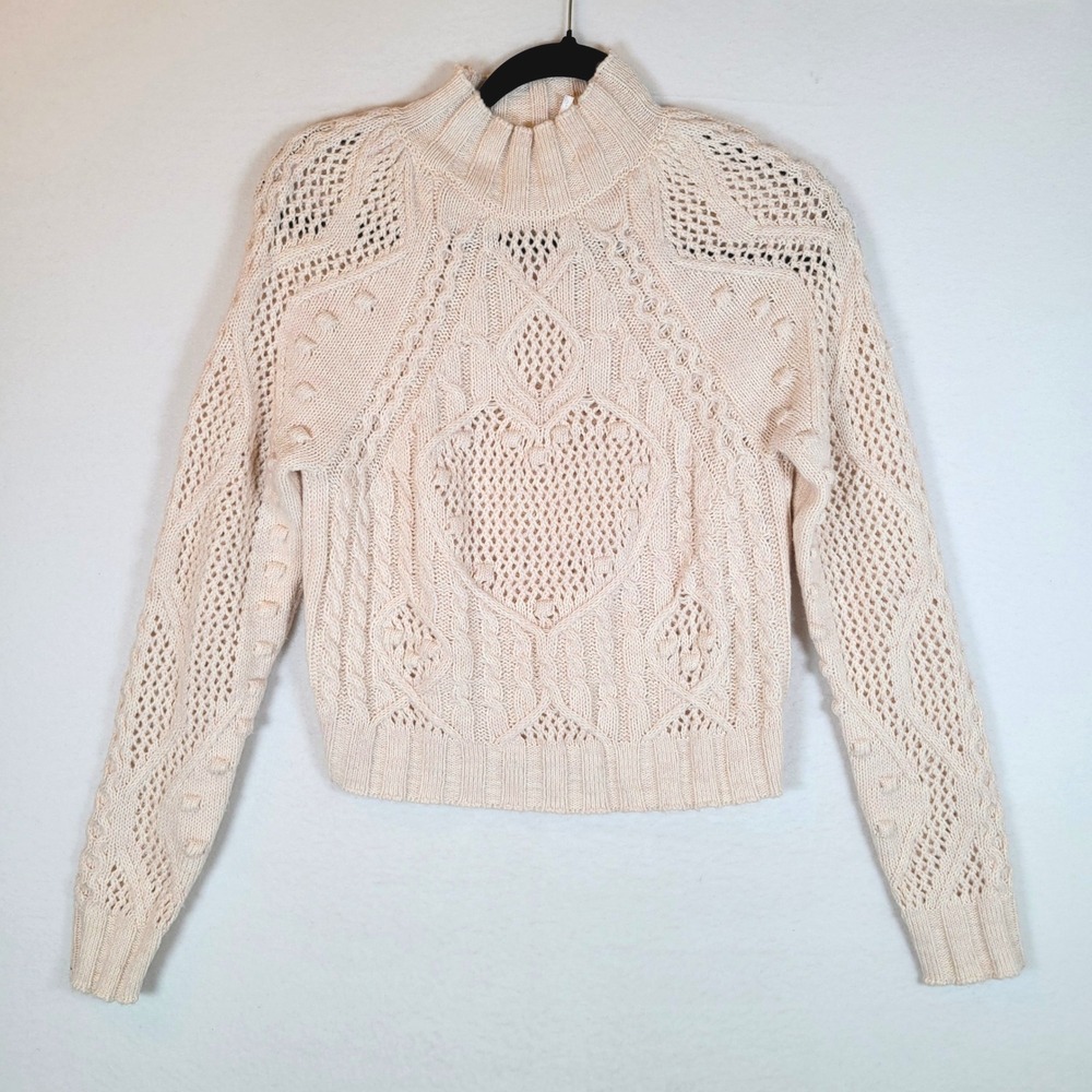Free People Womens Heart Cable Knit Sweater Size Small Cream Fisherman Love
